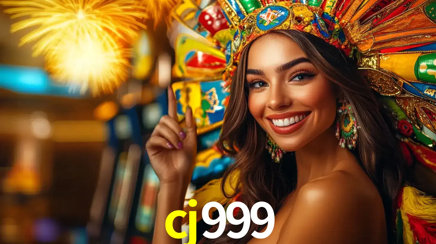 Mulher sorridente com um cocar de carnaval vibrante e colorido, celebrando uma grande vitória nos jogos do cassino cj999 com fogos de artifício ao fundo.