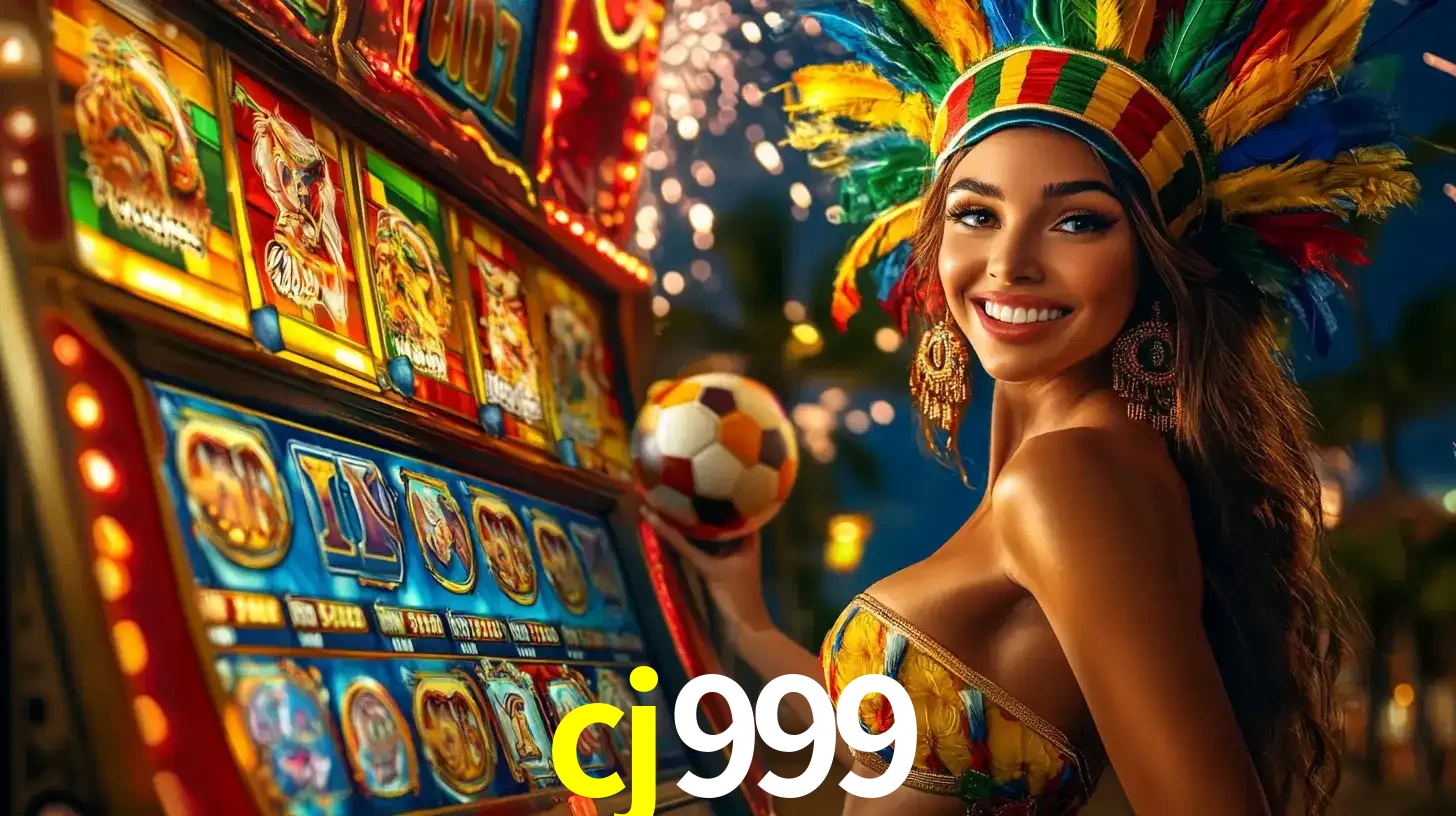 Mulher com um cocar de carnaval ao lado de uma máquina de caça-níqueis enquanto segura uma bola de futebol, mostrando a união da diversão de cassino e esportes no cj999.