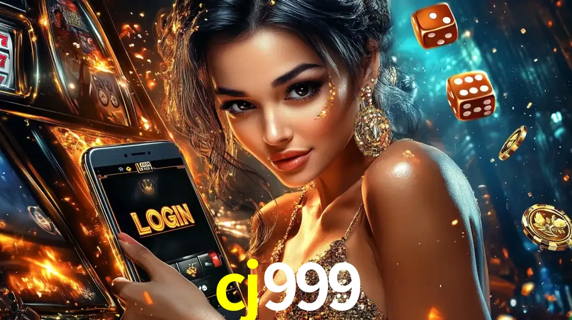 Mulher glamourosa segurando um celular com a tela de login do cassino cj999, rodeada por dados e moedas douradas, pronta para começar a diversão.