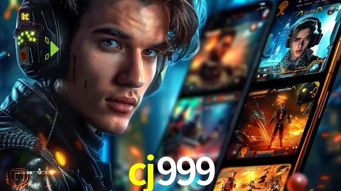 Jovem jogador com fones de ouvido olhando para a câmera, com um aplicativo de jogos e e-sports para celular ao fundo, pronto para a competição e apostas no cj999.