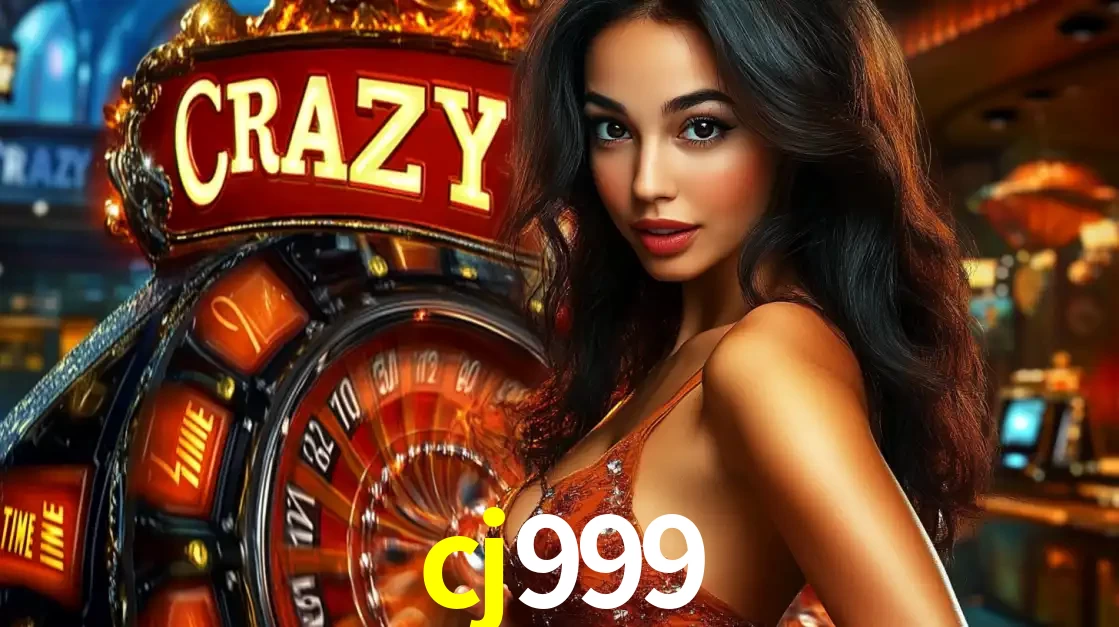 Mulher glamourosa olhando para a câmera com a roda vermelha do Crazy Time ao fundo em um ambiente de cassino, destacando a emoção dos jogos ao vivo no cj999.