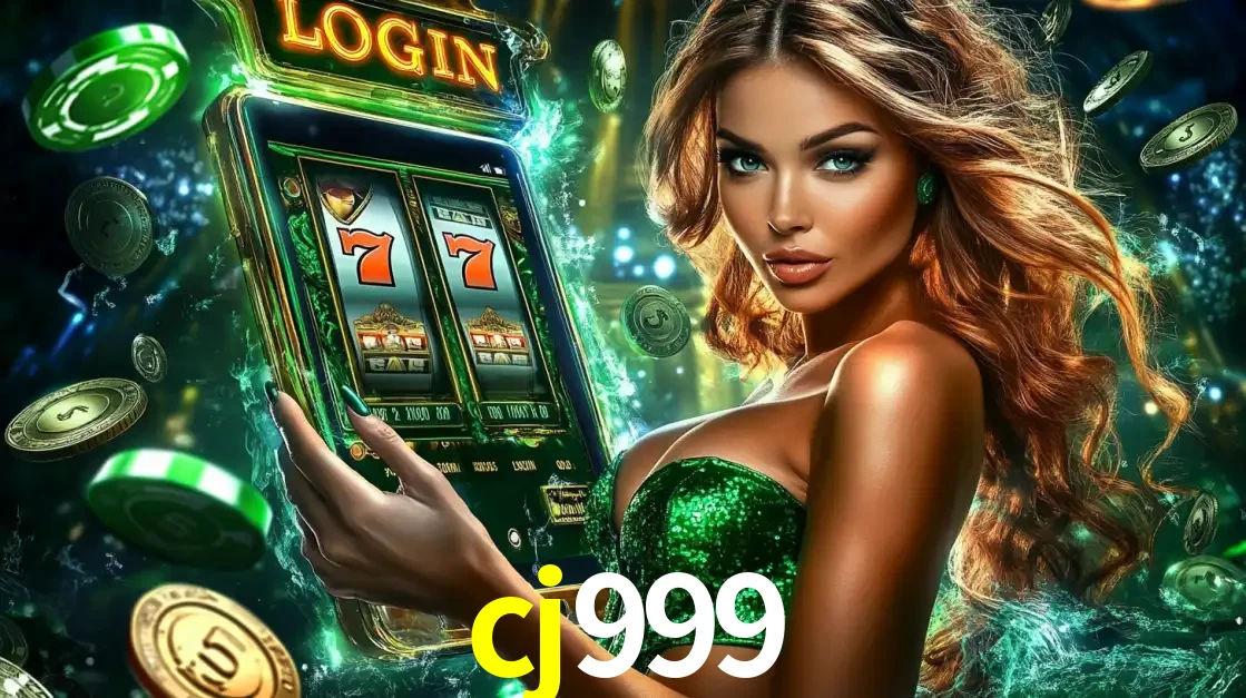 Mulher com tema verde apresentando o aplicativo do cassino cj999 com um jogo de slot de 777, cercada por fichas de cassino e uma aura de sorte.