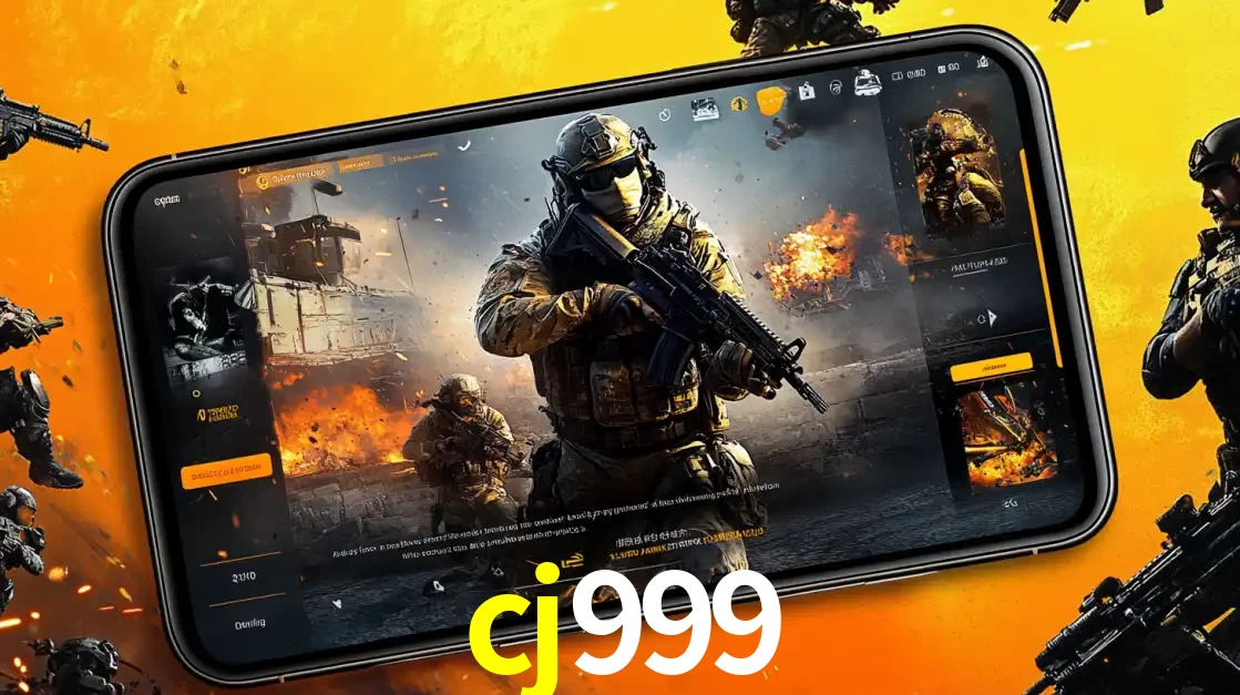 Um smartphone exibindo a interface de um jogo de tiro em primeira pessoa, com um soldado em um cenário de batalha, representando a ação dos e-sports para apostar no cj999.