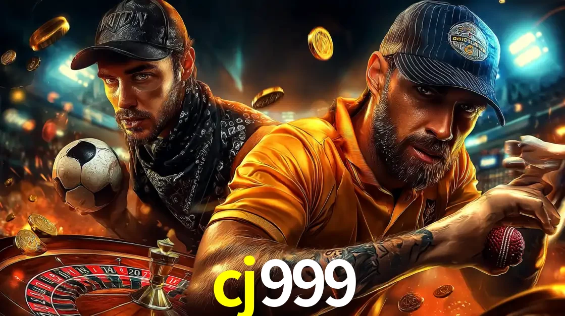 Montagem de apostas esportivas e cassino no cj999, com um homem segurando uma bola de futebol e outro uma de beisebol sobre uma roleta e moedas voadoras.