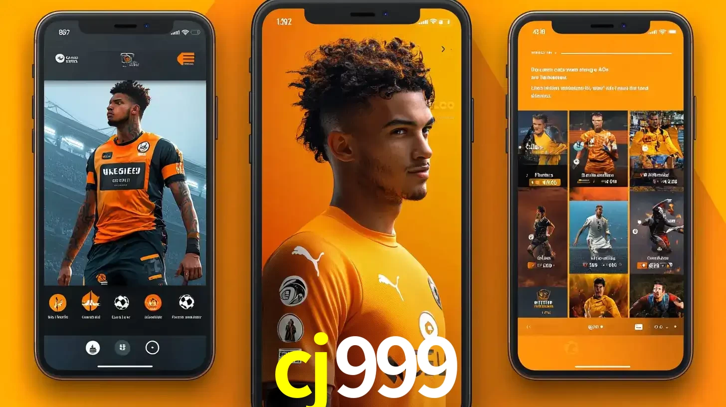 Interface do aplicativo de apostas esportivas cj999 em três telas de celular, mostrando o perfil de um jogador de futebol e a lista de jogos disponíveis para apostar.