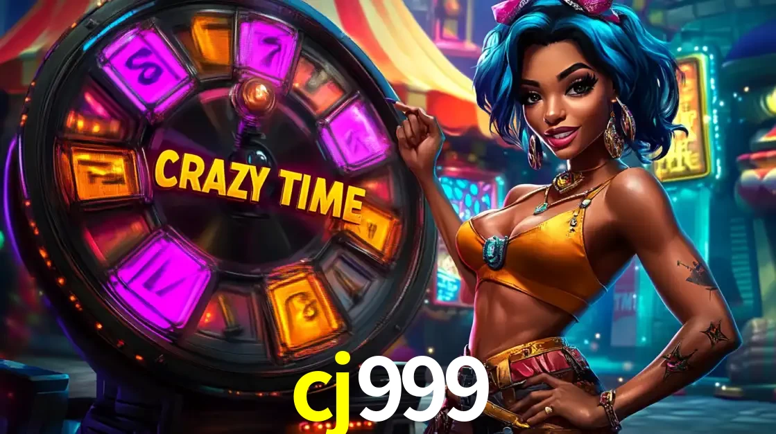Mulher estilizada com cabelo azul e visual vibrante posando ao lado da roda de prêmios do game show Crazy Time, convidando para a diversão e os bônus do cassino cj999.
