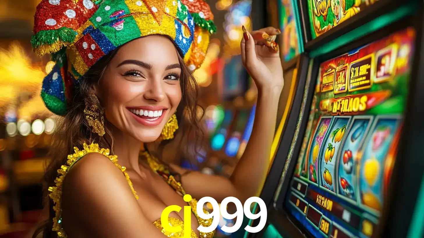 Mulher feliz com traje de carnaval amarelo e colorido ao lado de uma máquina de caça-níqueis, aproveitando a diversão e os jogos temáticos do cassino cj999.