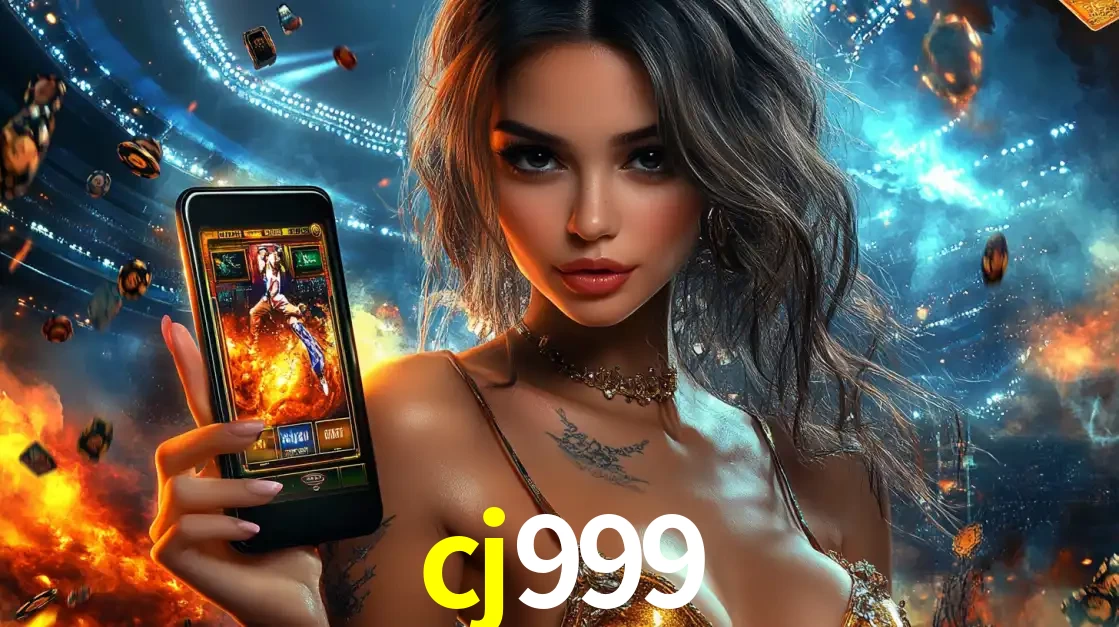 Mulher segurando um celular com um jogo de slot em destaque, tendo como fundo um estádio vibrante, simbolizando a emoção de jogar no cassino móvel cj999.