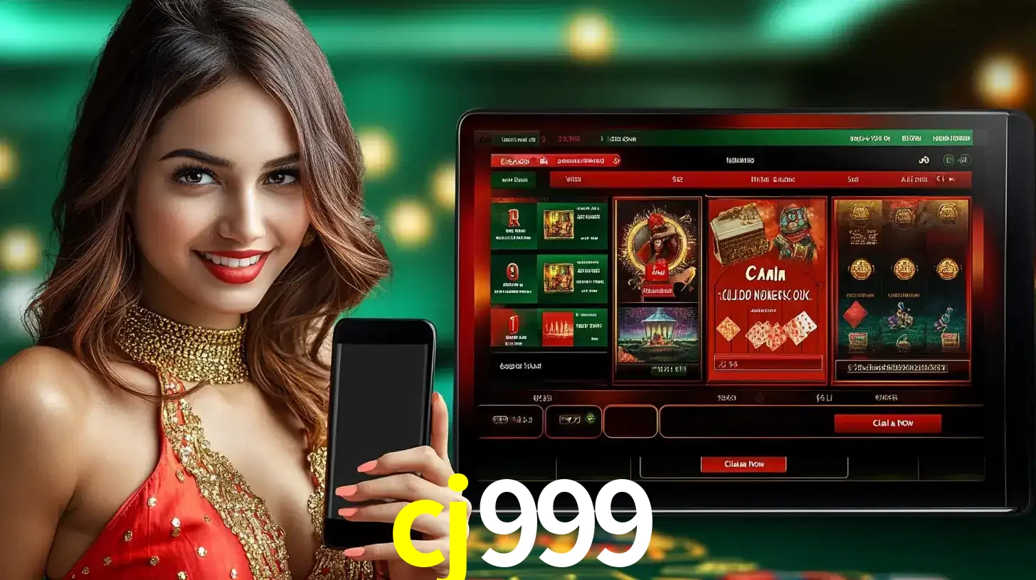 Mulher sorridente segurando um smartphone, ao lado de uma tela exibindo o lobby de jogos do cassino online cj999, com várias opções de jogos de cartas e slots.